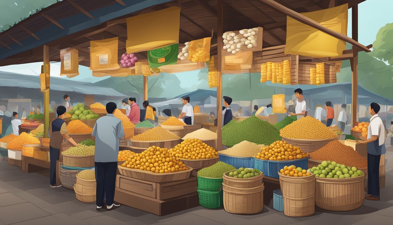 A bustling market stall displays various grades of gula melaka, with vendors showcasing the purest form in vibrant packaging