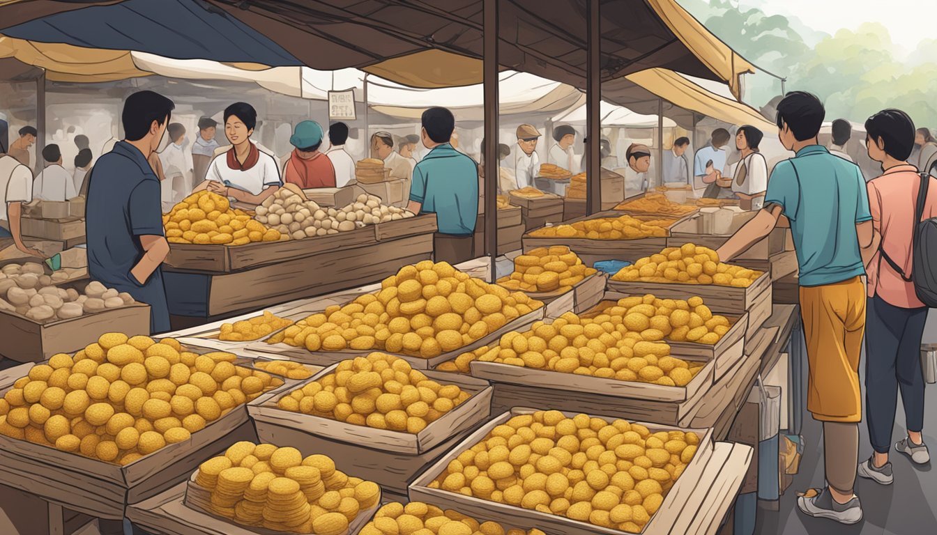 A bustling market stall in Singapore displays stacks of pure gula melaka, with eager customers asking the vendor questions about its origin and price