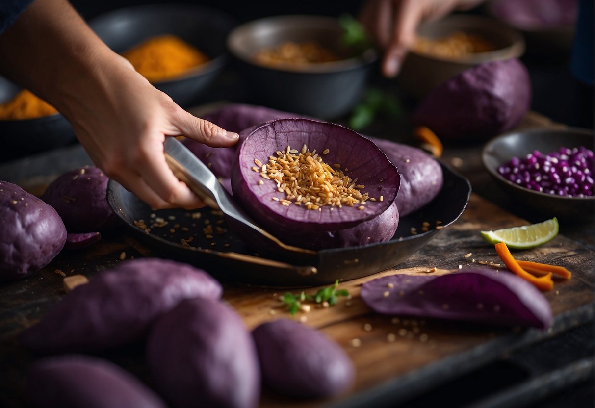 Peeling and slicing purple sweet potatoes. Stir-frying with Chinese spices in a wok. Serving in a traditional dish