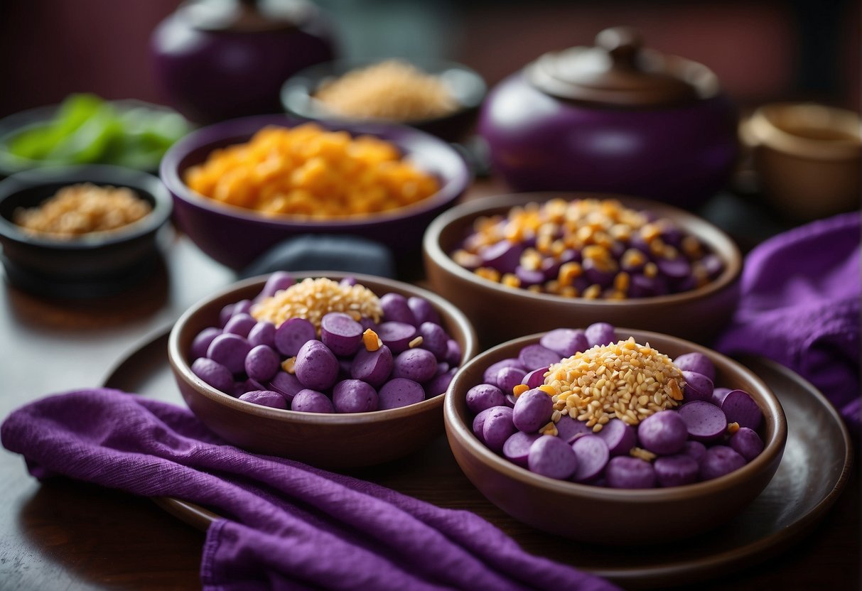 A table adorned with vibrant purple sweet potato dishes, symbolizing cultural significance and celebration in a Chinese festival