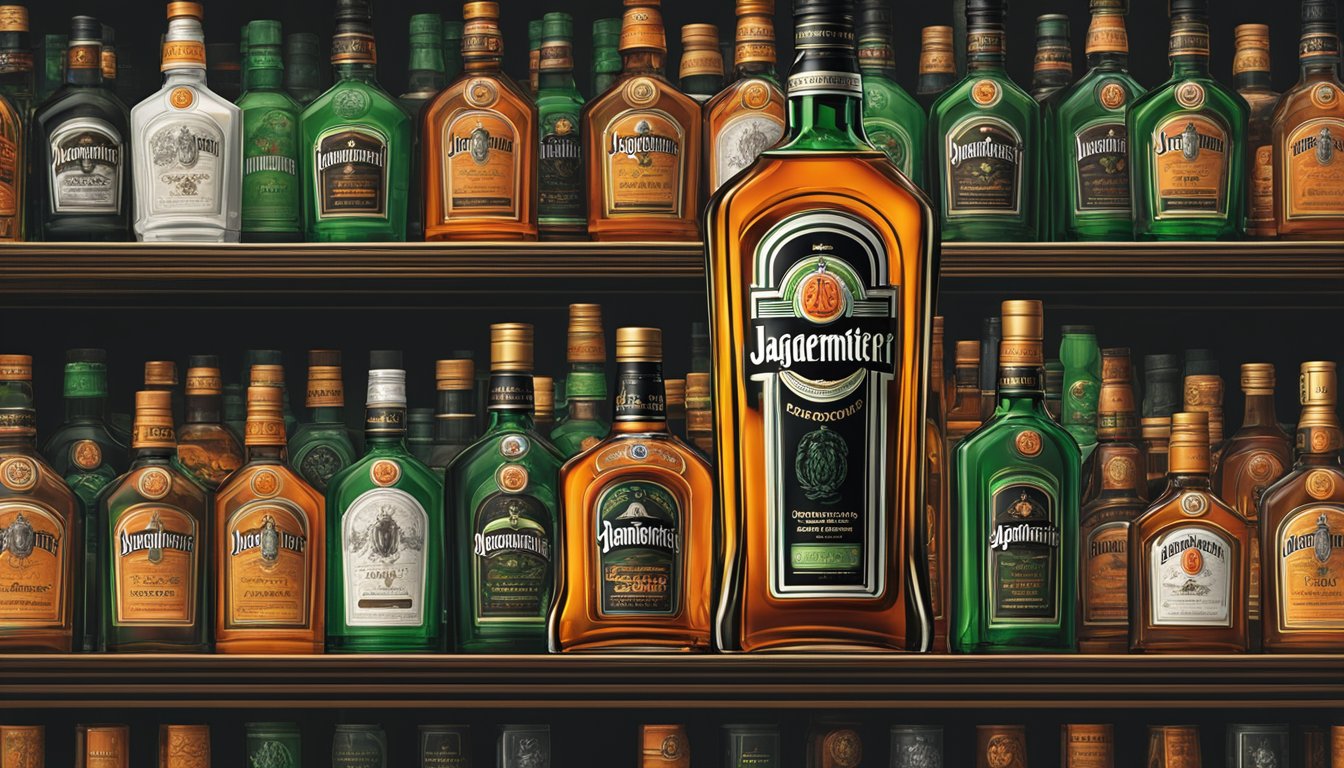A bottle of Jagermeister sits on a shelf in a liquor store in Singapore. The label is prominently displayed, and the bottle is surrounded by other spirits