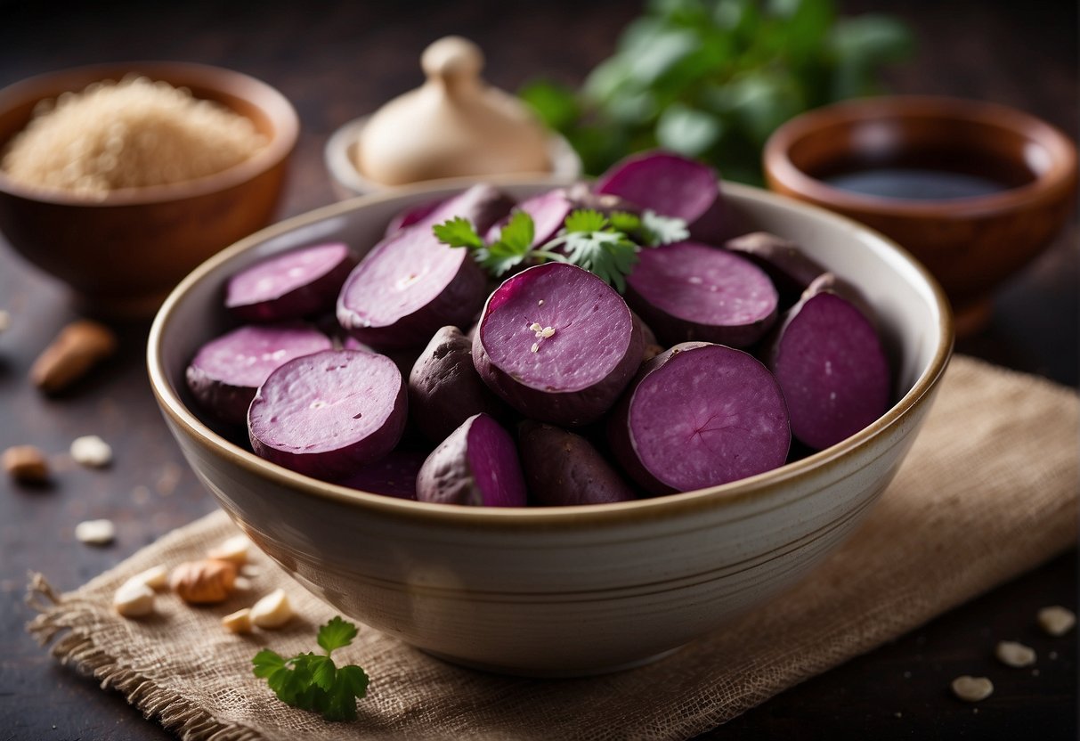 A bowl of vibrant purple sweet potatoes with Chinese cooking ingredients scattered around, including soy sauce, ginger, and garlic
