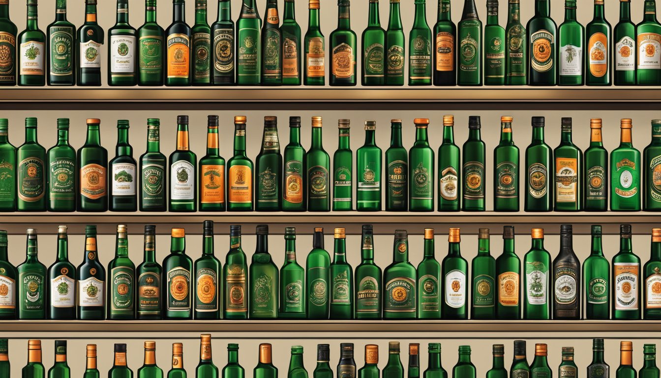 A well-stocked liquor store shelf displays Jägermeister bottles in Singapore
