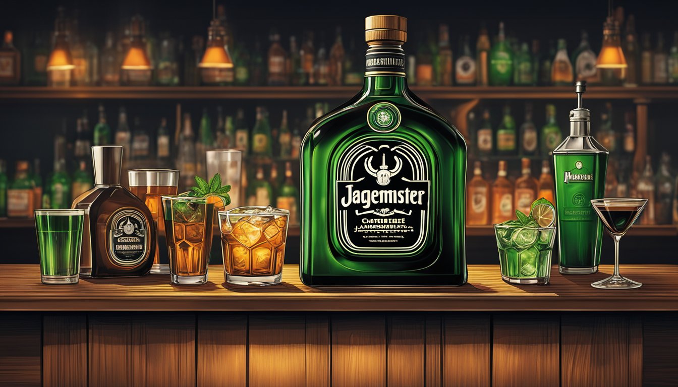 A bottle of Jägermeister sits on a wooden bar surrounded by glasses and a cocktail shaker. The bar is dimly lit, creating a moody and inviting atmosphere