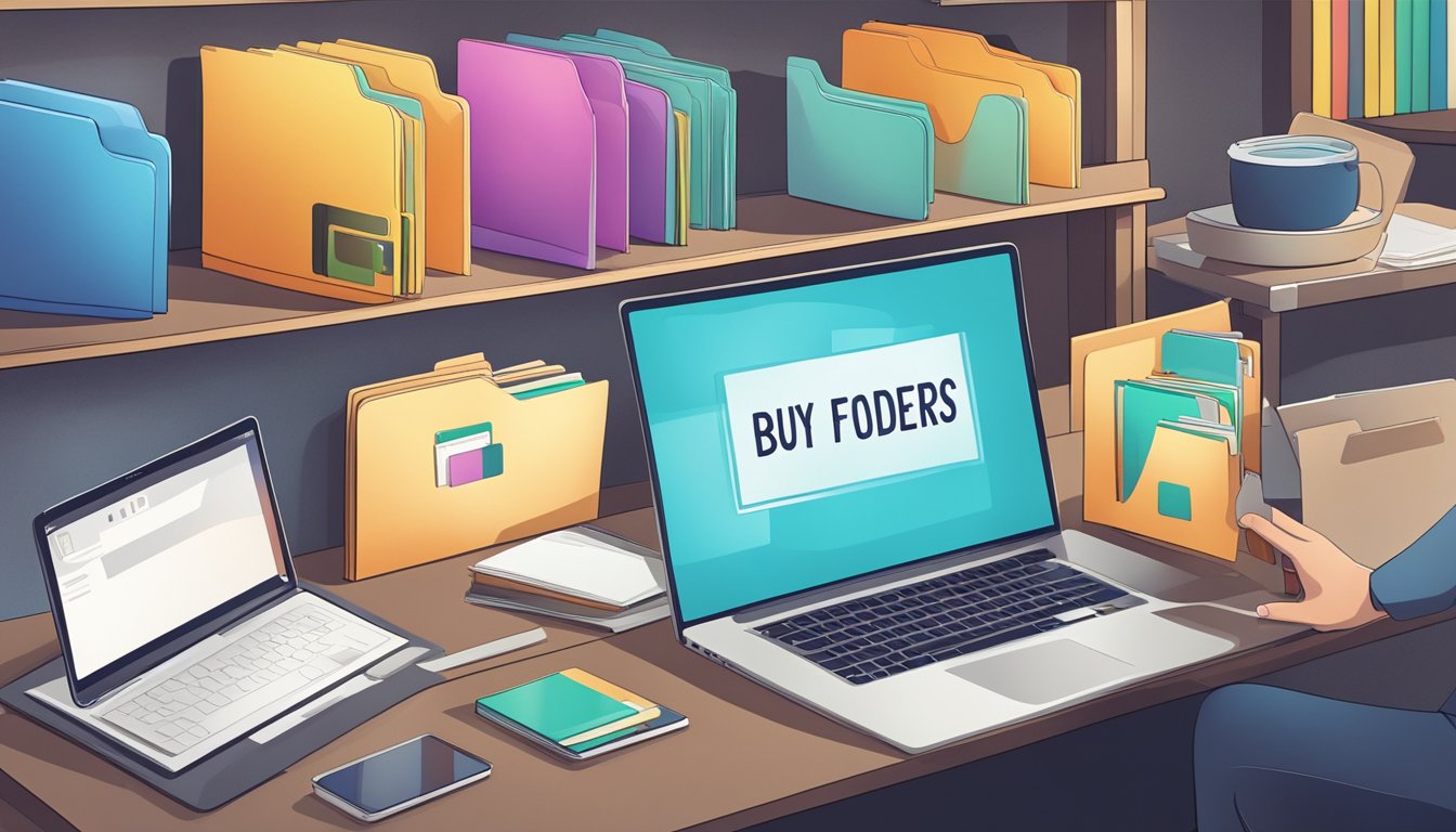 A hand reaches for a variety of folders on a shelf, displaying different colors and designs. An open laptop sits nearby with the words "buy folders online" on the screen