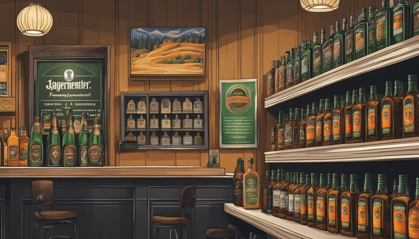 A bottle of Jagermeister sits on a shelf in a liquor store with a "Frequently Asked Questions" sign next to it
