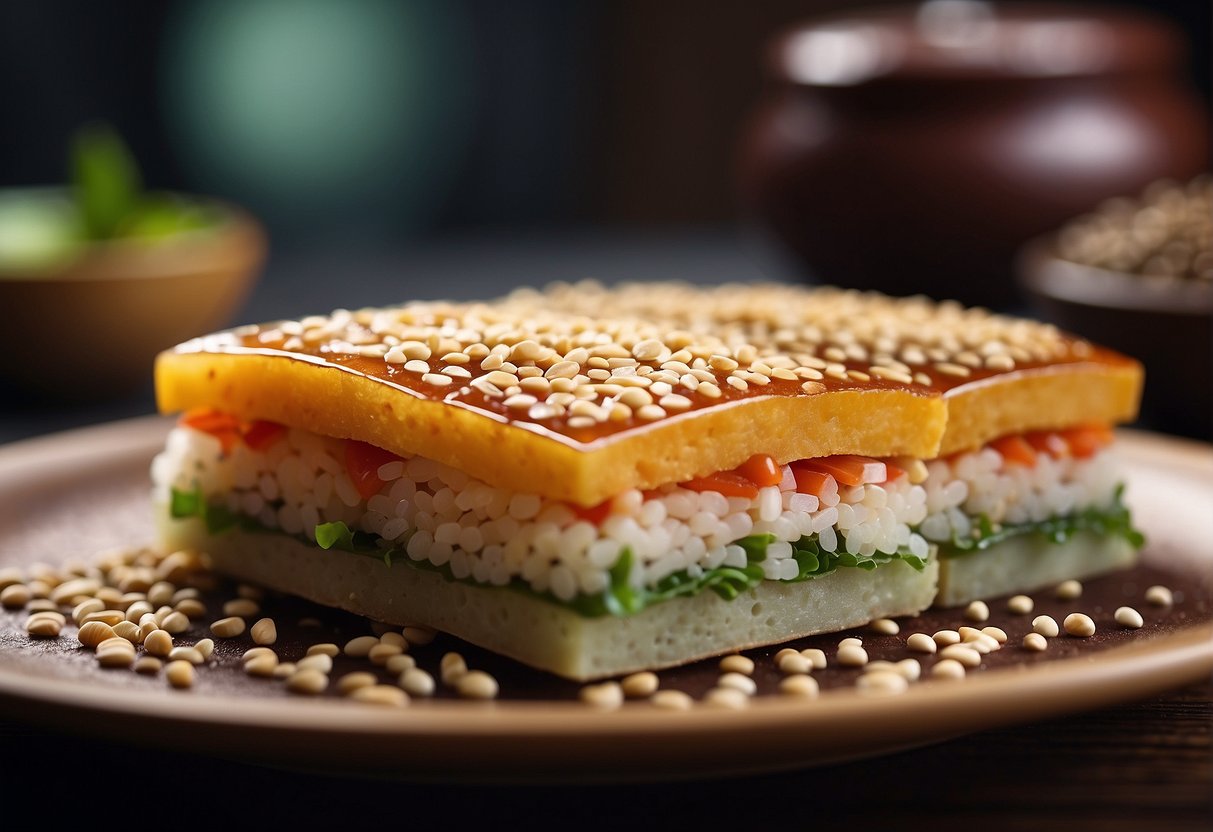 A bamboo steamer filled with layers of colorful Chinese rice cakes, topped with red bean paste and sesame seeds