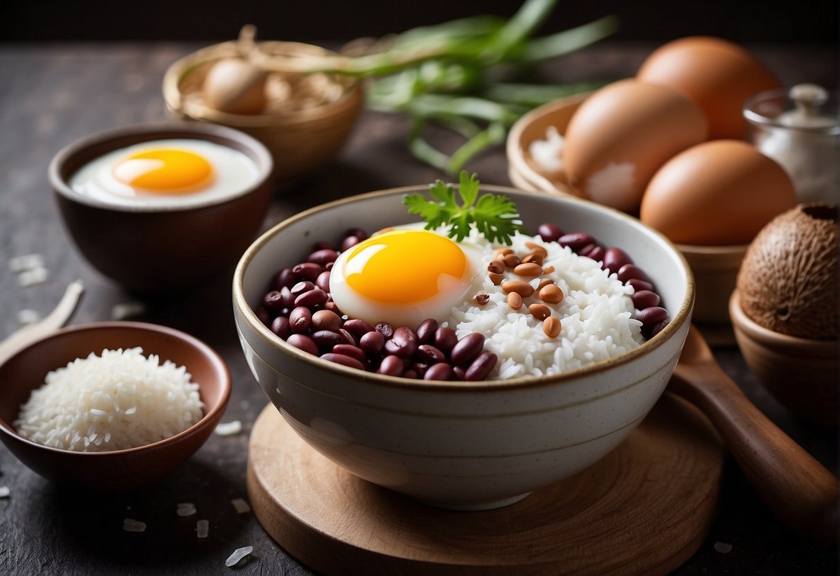 A table with ingredients: rice flour, sugar, water, red bean paste, and coconut milk. A bowl of eggs and a whisk