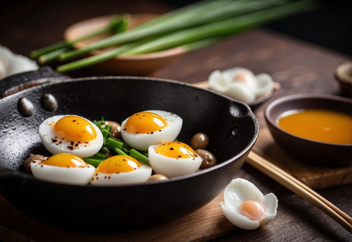 Quail eggs sizzling in a wok with soy sauce and green onions. A pair of chopsticks rests nearby