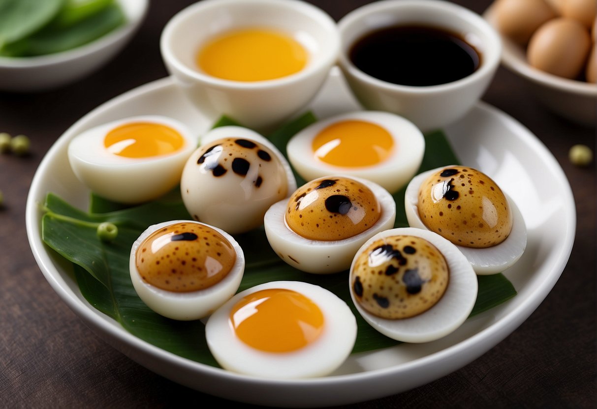 Quail eggs arranged in a circular pattern on a white plate, surrounded by ingredients such as soy sauce, ginger, and green onions