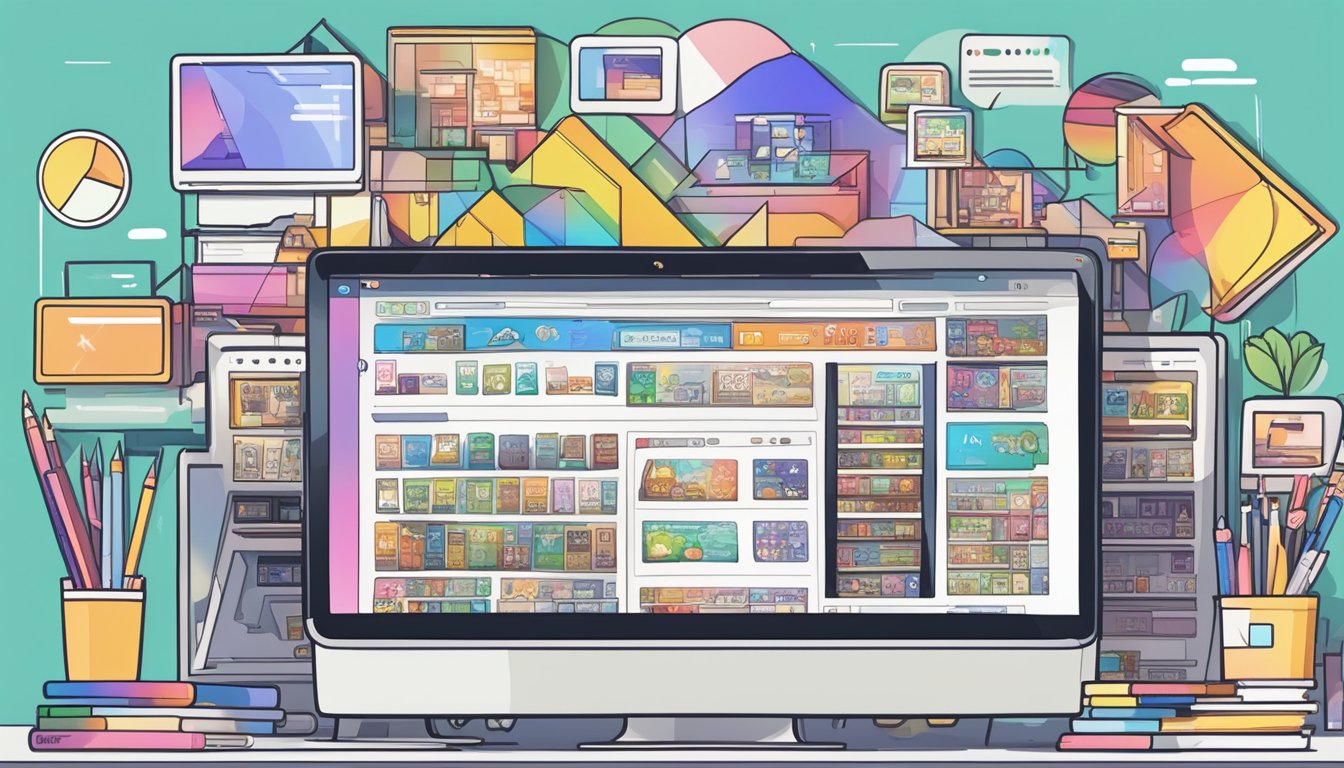 A computer screen displaying a colorful website with a variety of manga titles, a cursor clicking on the "buy now" button