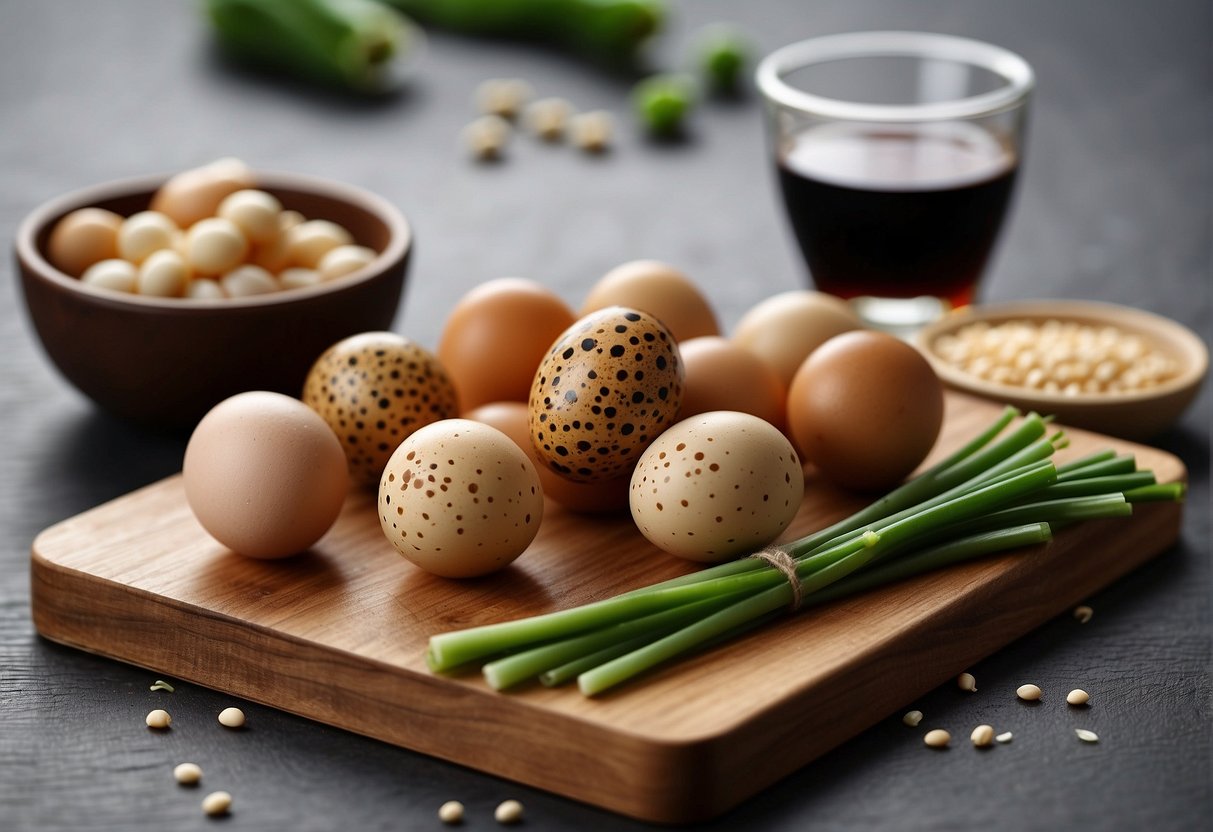 A wooden cutting board with quail eggs, soy sauce, green onions, and a small bowl of sesame seeds