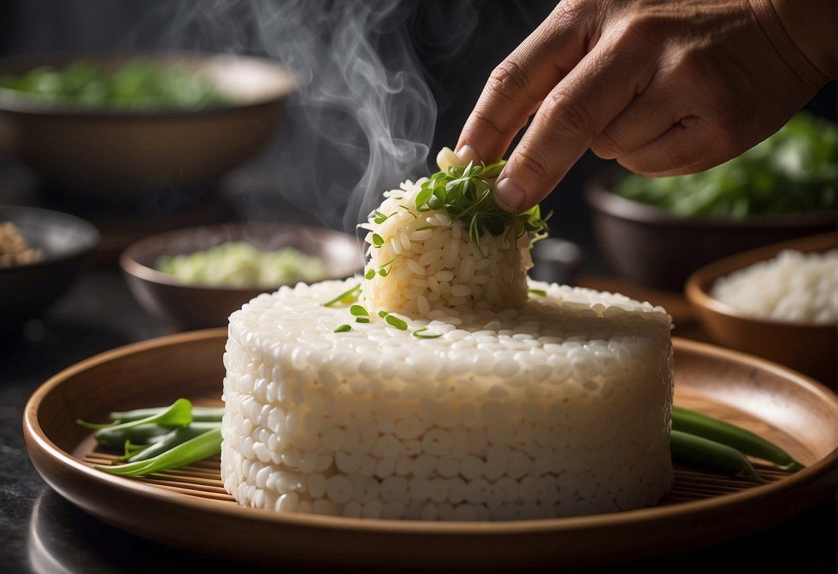 A chef carefully layers sticky rice and savory fillings in a bamboo steamer, preparing a traditional Chinese rice cake