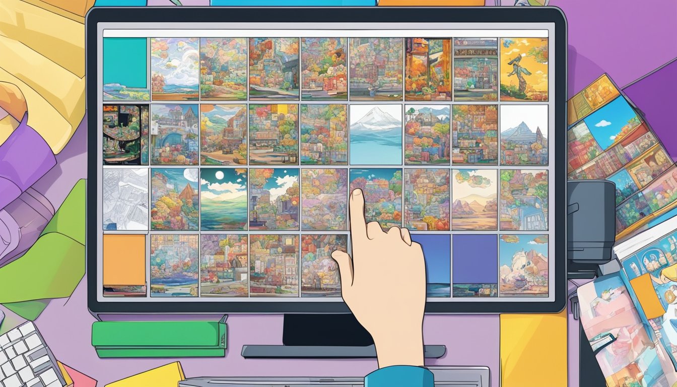 A computer screen displays a variety of colorful manga covers. A hand reaches for the mouse, ready to click and explore the best online manga stores
