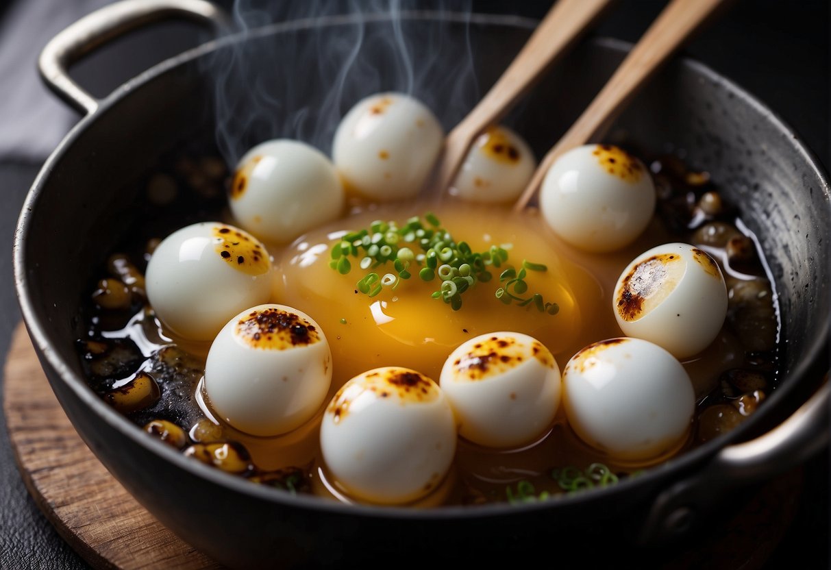 Quail eggs being cracked into a bowl, seasoned with soy sauce and ginger, then being cooked in a sizzling hot wok