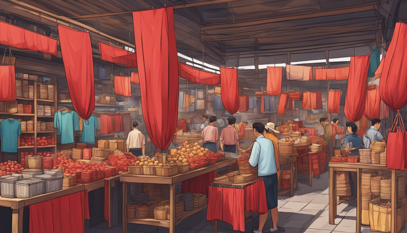 A bustling marketplace in Singapore, with vibrant red cloth displayed in a variety of textures and shades, hanging from stalls and stacked neatly on shelves