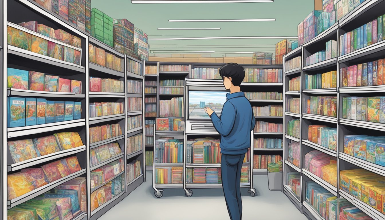 A person browsing shelves of manga, adding selections to a virtual cart, and making online purchases