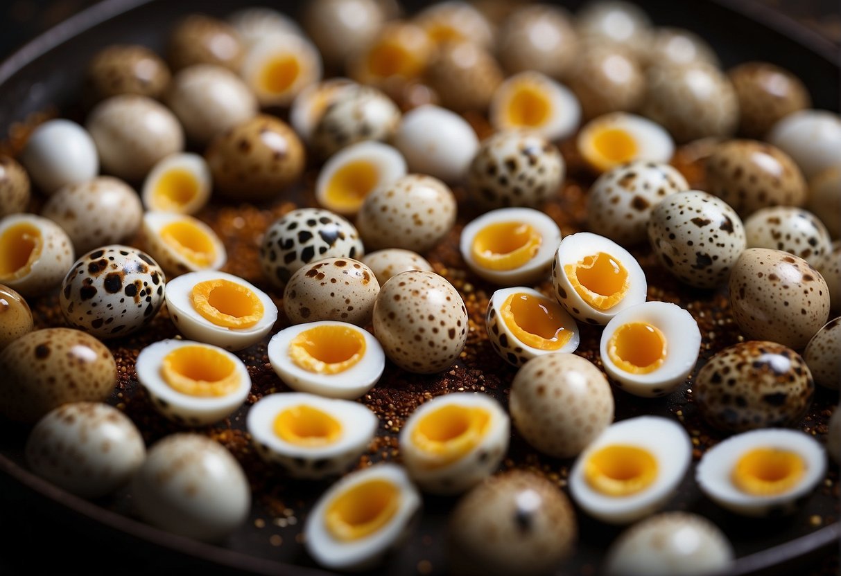 Quail eggs simmer in fragrant Chinese tea and spice mixture, creating a marbled pattern on the shell