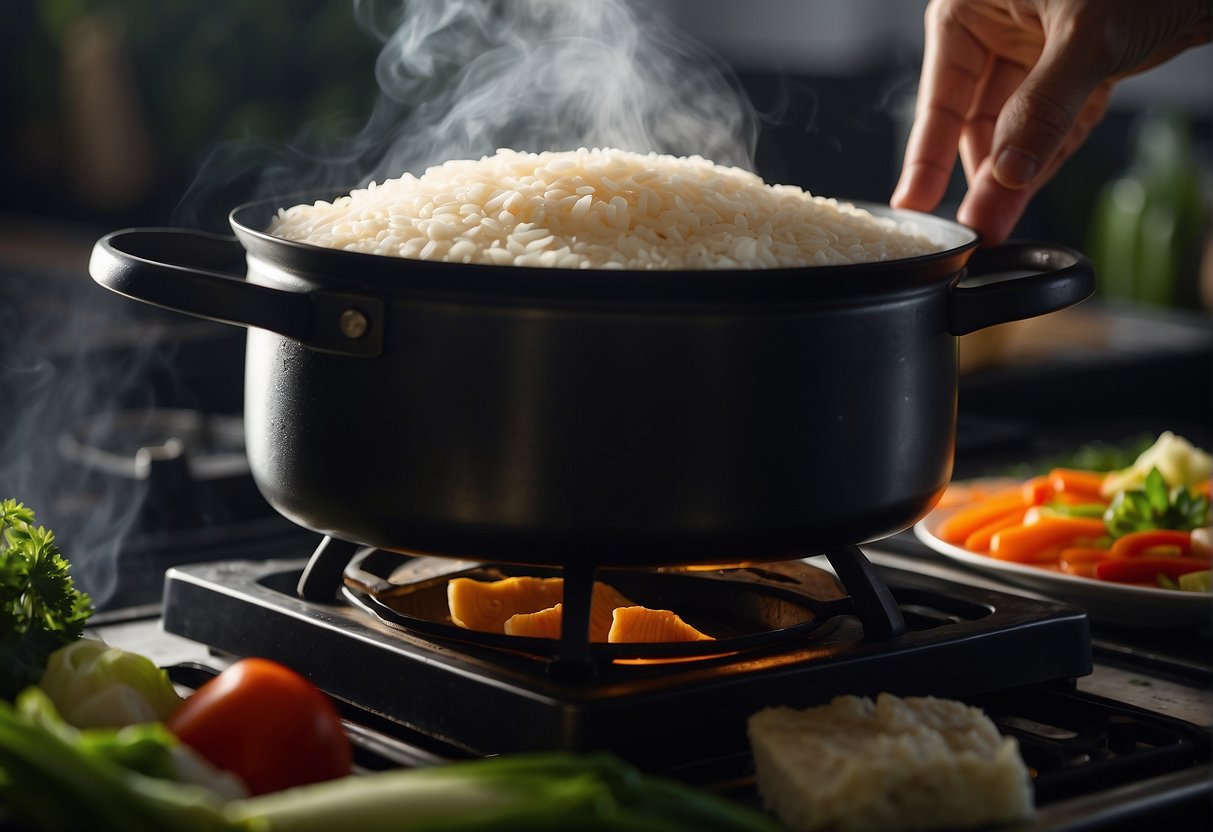 A pot is steaming on a stove, filled with layers of sticky rice, savory meats, and vegetables. Steam rises as the rice cake cooks