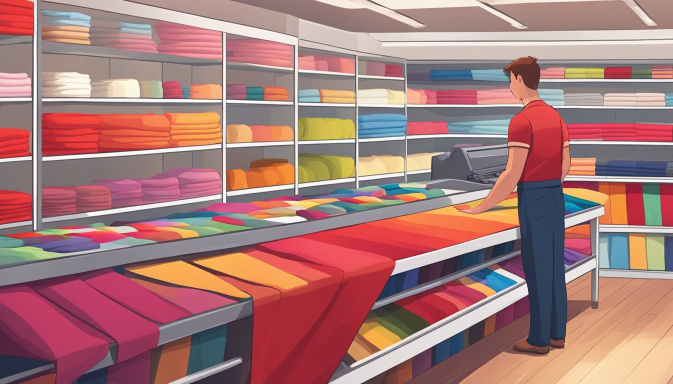 Brightly lit fabric store with shelves of vibrant red cloth rolls. Customers browse through the colorful selection, while a friendly staff member assists at the cutting counter