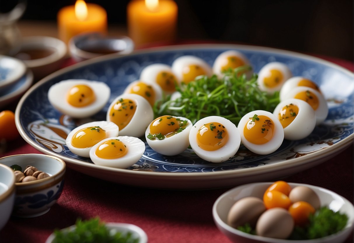A table set with traditional Chinese dishes, featuring a quail eggs recipe, surrounded by symbolic decorations for cultural occasions