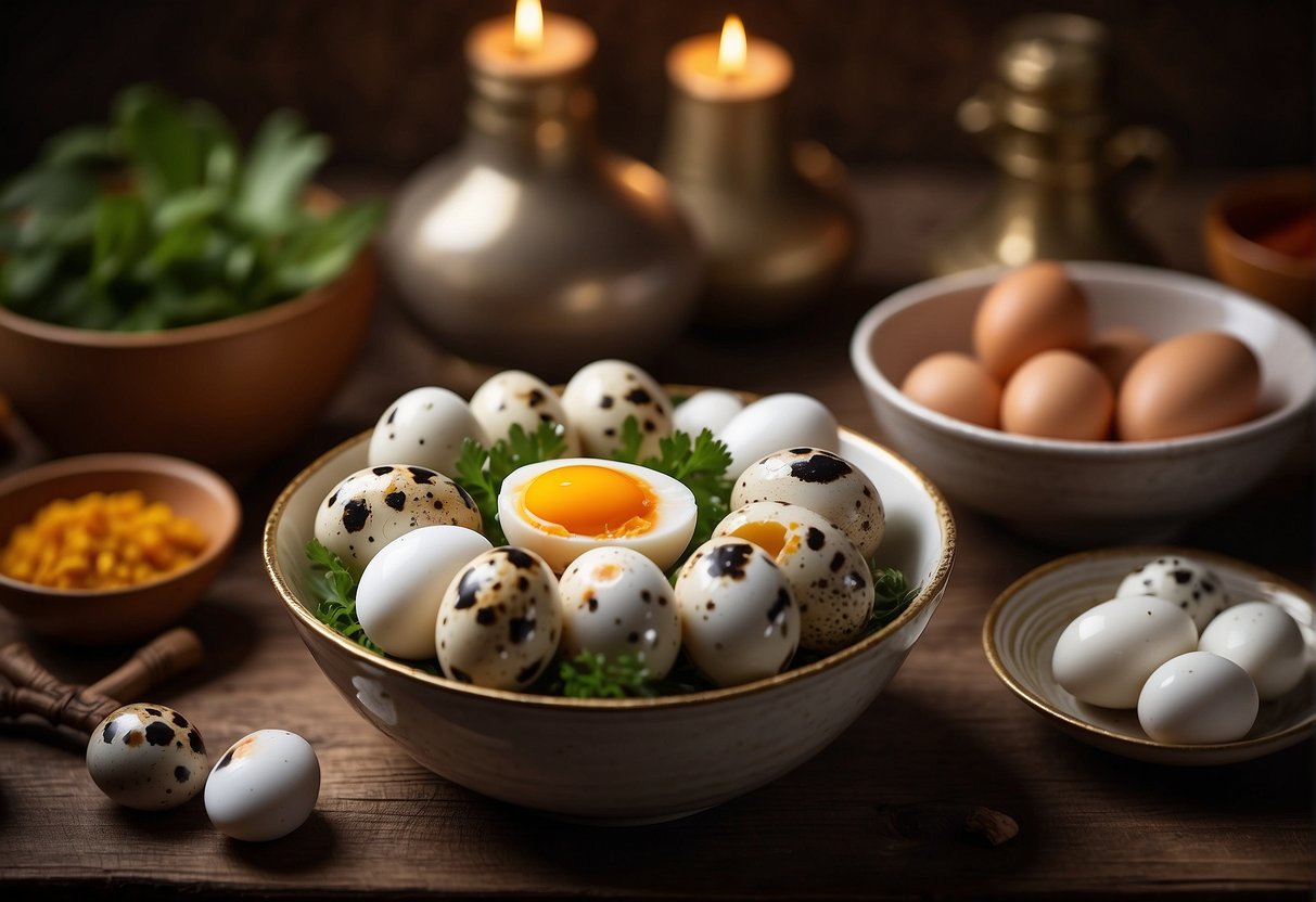 A bowl of quail eggs surrounded by Chinese cooking ingredients and utensils. A recipe book open to the "Frequently Asked Questions" section