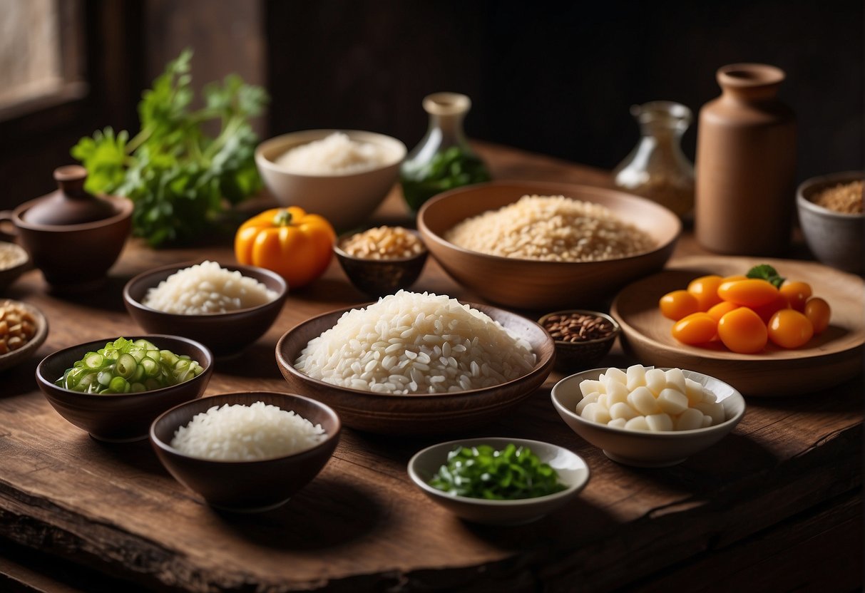 A table set with ingredients and utensils for making Chinese layered rice cake