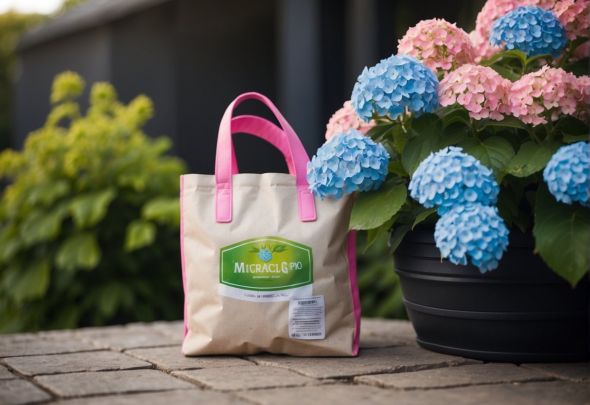 A bag of Miracle-Gro sits next to a blooming hydrangea bush, with vibrant blue and pink flowers