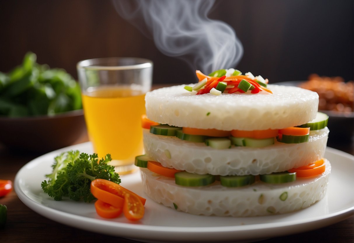 A table set with a steaming Chinese layered rice cake surrounded by small dishes of pickled vegetables, soy sauce, and chili oil