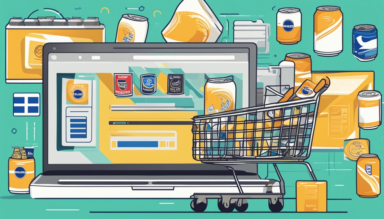 A computer screen with a website open to a shopping cart filled with cans of Fosters beer, a credit card, and a "buy now" button