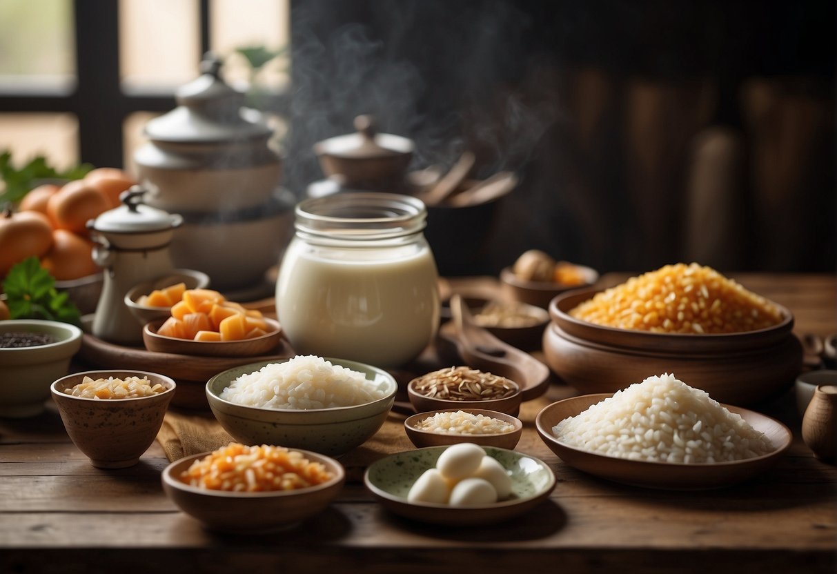 A table with ingredients and utensils for making Chinese layered rice cake
