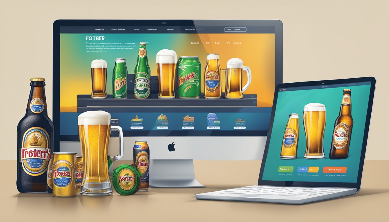 A computer screen displays a website with a variety of Foster's beer options. A cursor hovers over the "Add to Cart" button, ready to make a purchase