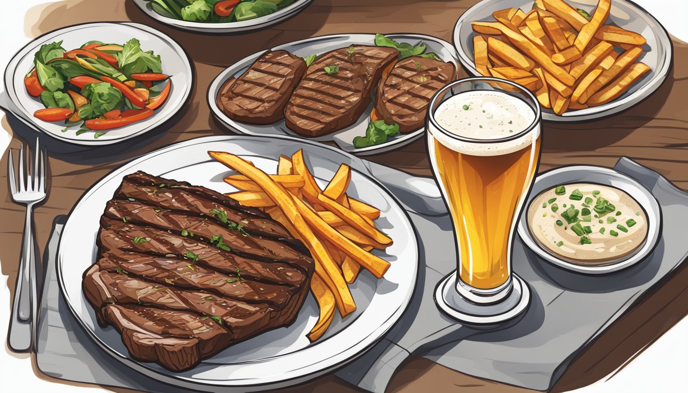 A table set with a tall glass of Foster's beer next to a plate of grilled steak and vegetables, with a side of crispy fries