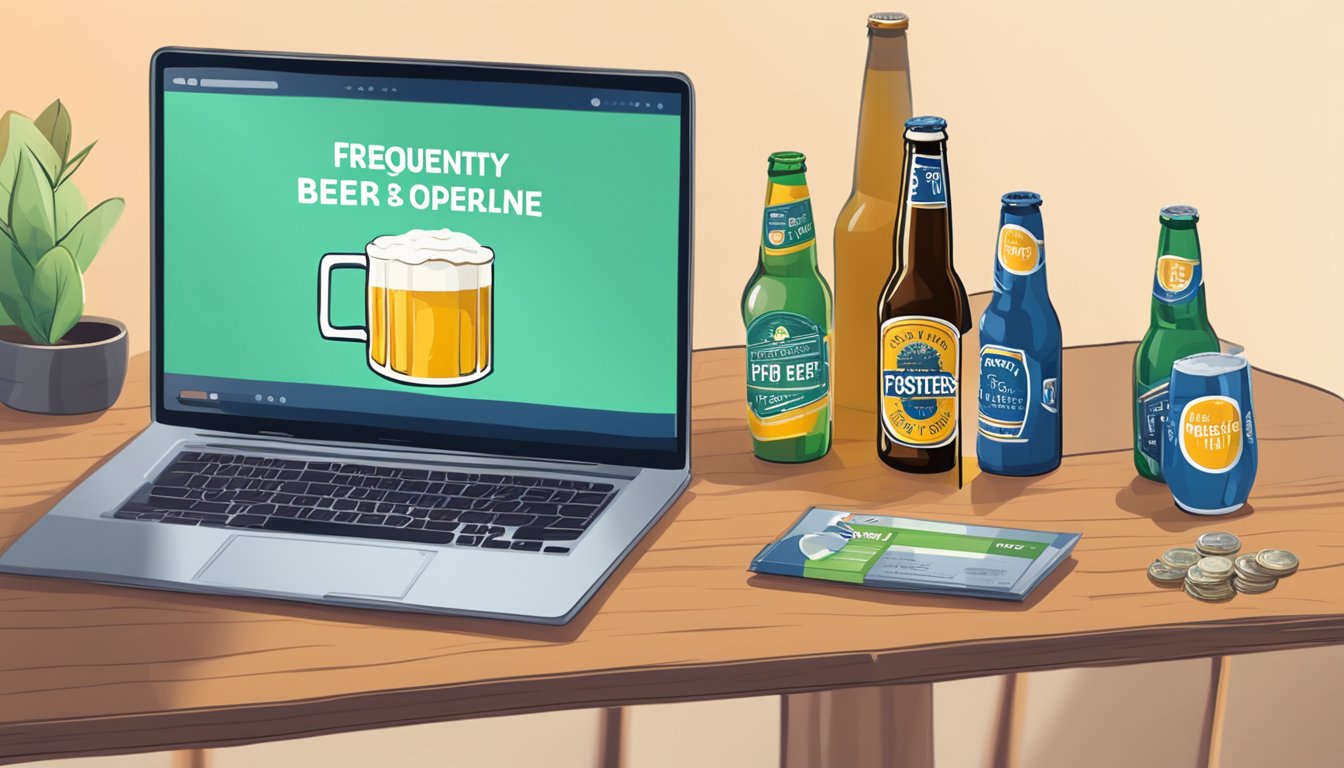 A laptop displaying a webpage with the title "Frequently Asked Questions buy fosters beer online" on a desk with a beer bottle and a credit card
