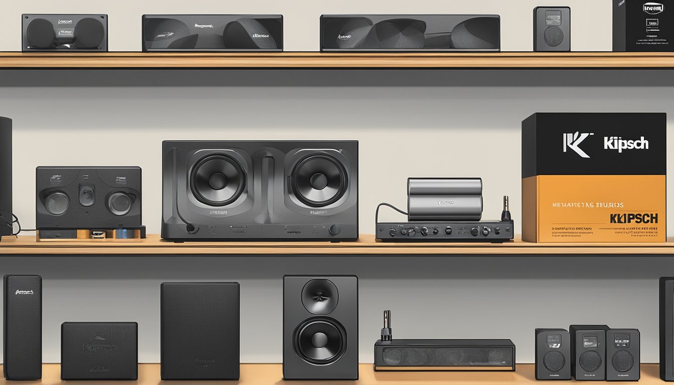 A pair of Klipsch earbuds sits prominently on a display shelf at Best Buy, surrounded by other audio products