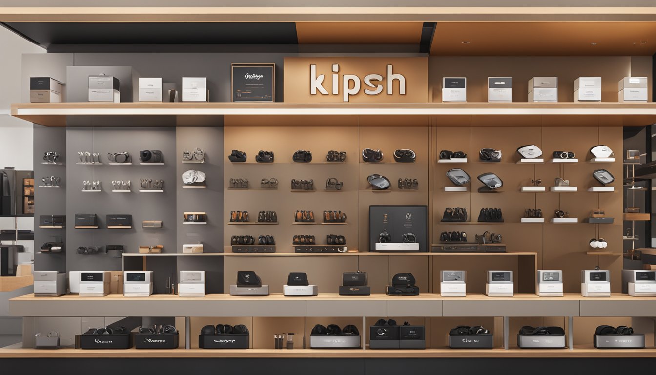 A display of Klipsch earbuds arranged on a sleek, modern store shelf, with various models showcasing their unique designs and features