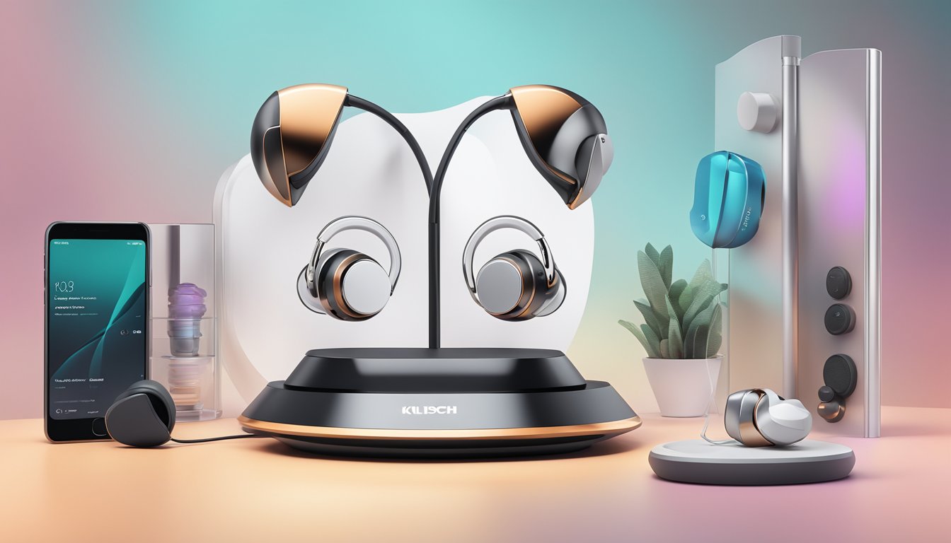 A sleek pair of Klipsch earbuds sits on a futuristic, minimalist display stand, surrounded by high-tech gadgets and design elements