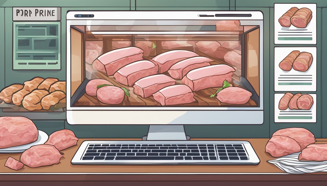 A computer screen with a website displaying various cuts of fresh pork for sale online