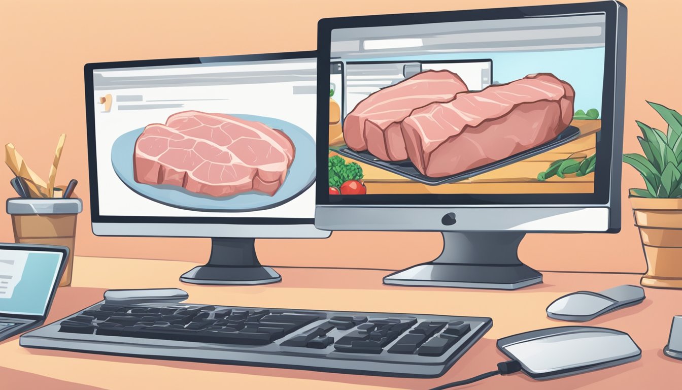 A hand clicks "Add to Cart" for fresh pork on a computer screen