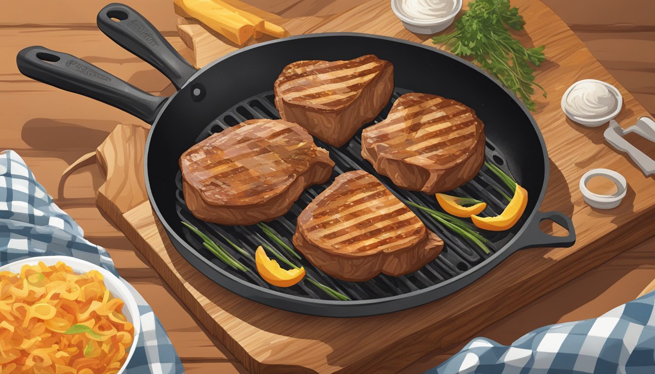 A sizzling pork chop cooks in a hot skillet, sending savory aromas wafting through the air. A chef's knife and cutting board sit nearby, ready to prepare the fresh pork bought online