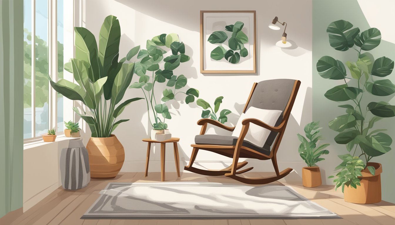 A cozy home interior with a rocking chair placed in a well-lit corner, surrounded by potted plants and a small side table