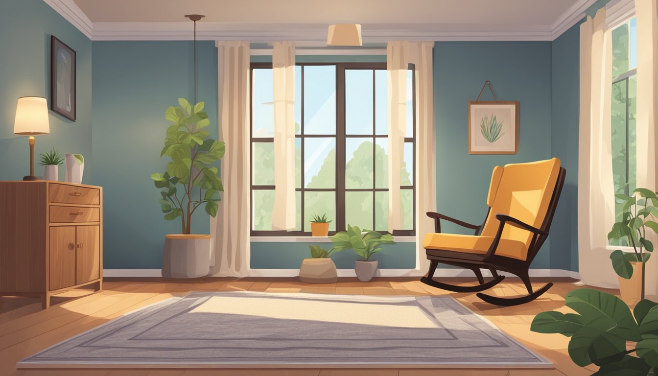 A cozy living room with a large window, soft carpet, and a wooden rocking chair in the corner