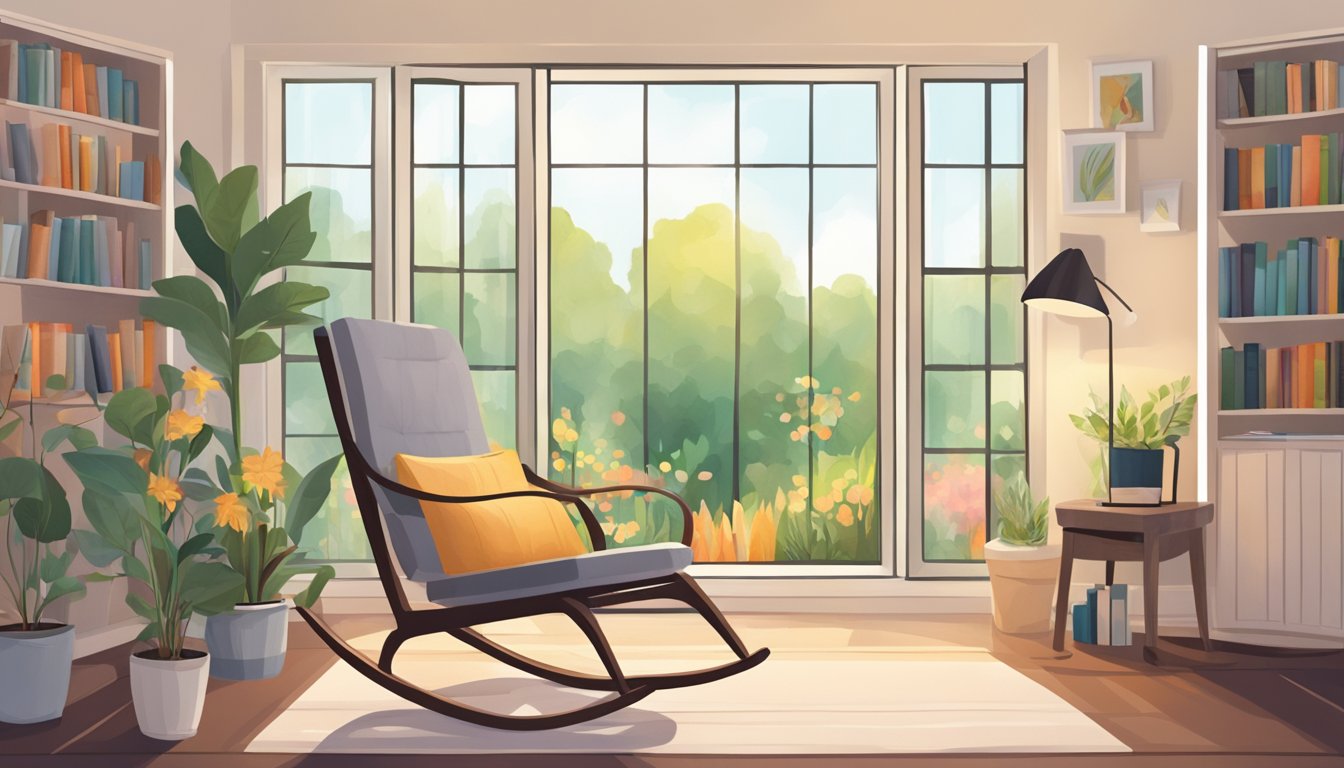 A cozy living room with a rocking chair near a window overlooking a serene garden. A bookshelf filled with wellness and self-care books