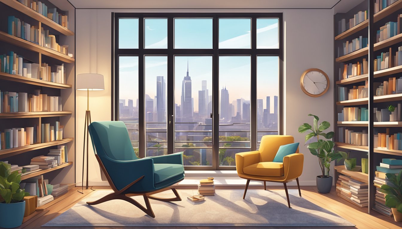 A cozy living room with a modern rocking chair, surrounded by shelves of books and a large window overlooking the city skyline
