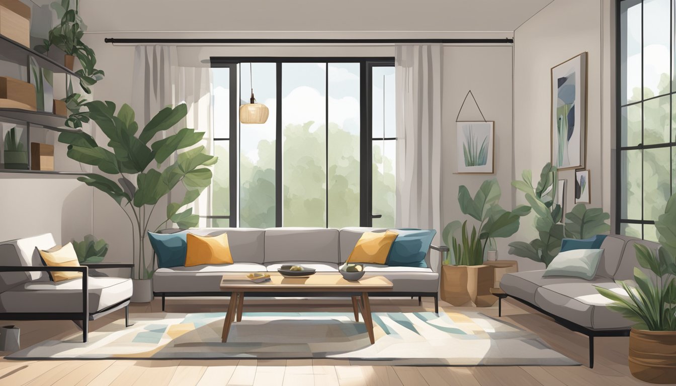 A cozy living room with a sleek, modern futon as the focal point. Soft, neutral-colored cushions and a sturdy frame create a welcoming atmosphere