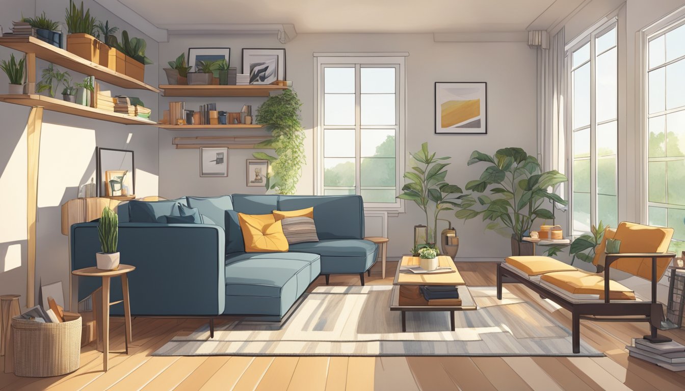A cozy living room with a modern futon, surrounded by shelves of home decor and large windows letting in natural light