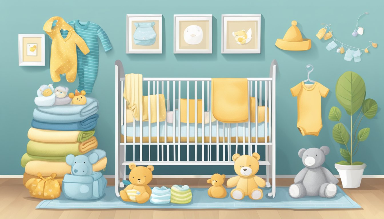 A crib, stroller, car seat, diapers, bottles, and baby clothes arranged neatly on a shelf, with a soft blanket and plush toys nearby