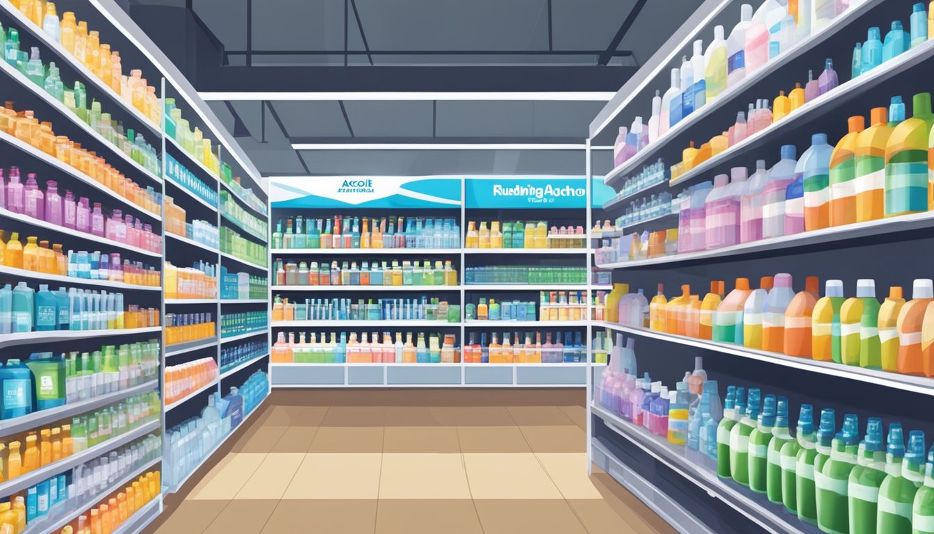 Shelves lined with rubbing alcohol bottles in a brightly lit pharmacy in Singapore. A sign above reads "Rubbing Alcohol" in bold letters