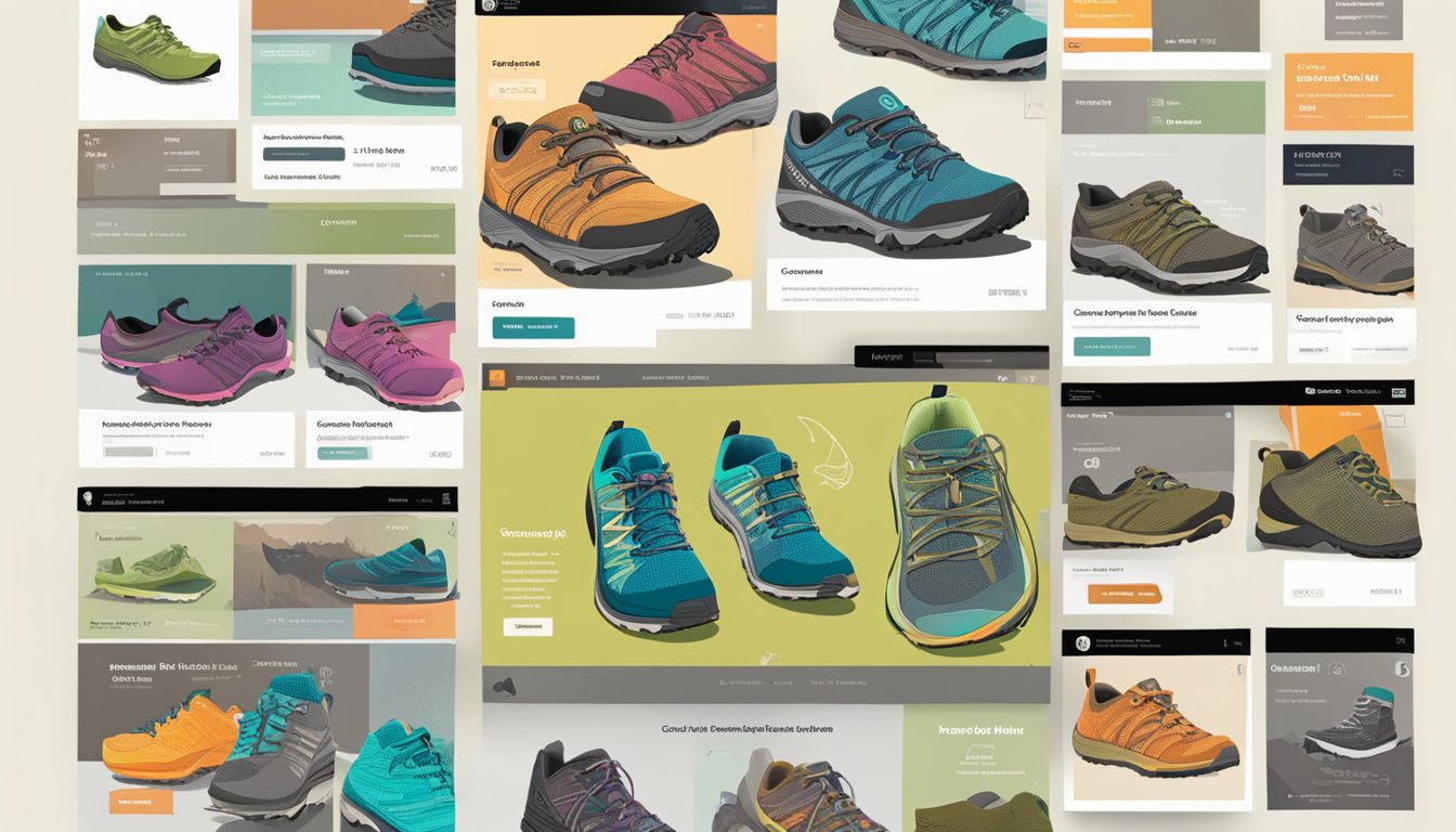 A computer screen displays a vibrant online collection of Merrell shoes, with various styles and colors showcased. The website features easy navigation and a secure checkout process