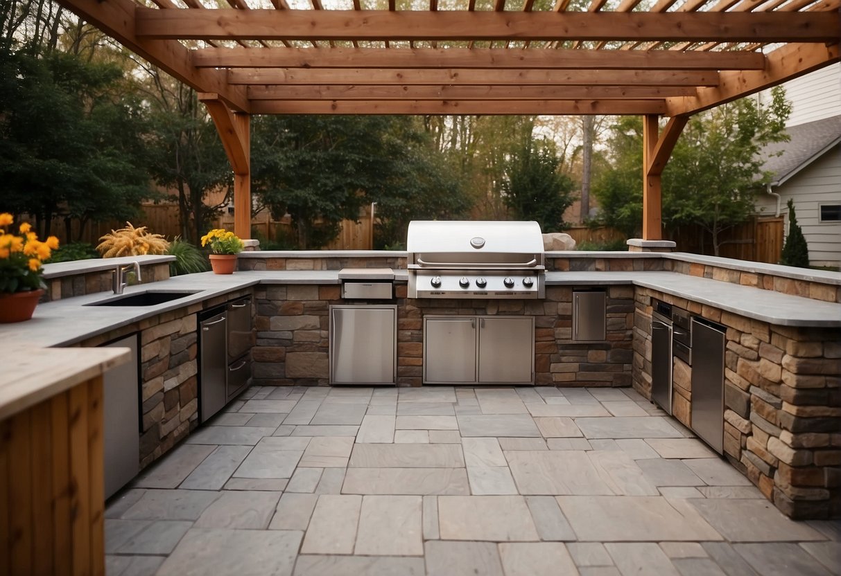 An outdoor kitchen being built with various construction materials and tools, including a grill, countertop, sink, and cabinets. The surrounding area may include a patio or deck, with landscaping and outdoor lighting